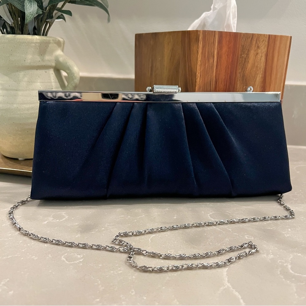 Satin Navy Clutch with Optional Silver Shoulder Strap